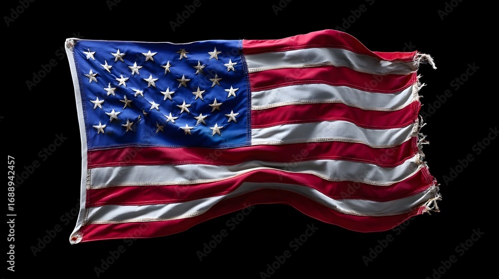Obraz premium The vibrant American flag, with its iconic stars and stripes, fluttering in the wind, representing the country's enduring values of freedom, democracy, and patriotism.