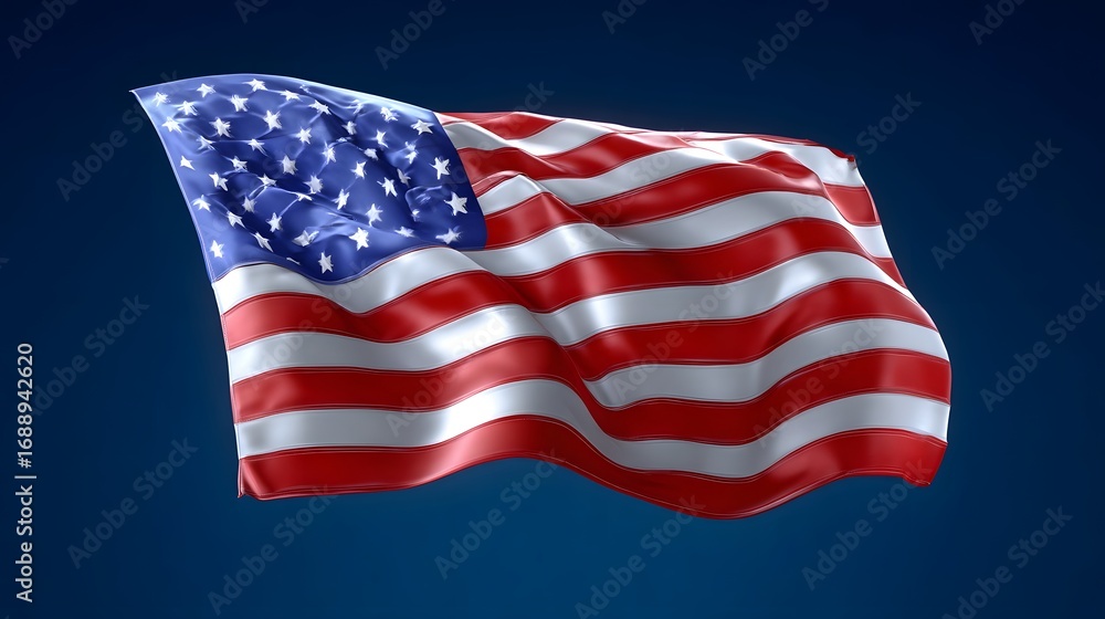 Fototapeta premium Vibrant and striking image of the iconic American flag waving proudly against a deep blue sky, representing the nation's patriotism, , and enduring legacy.