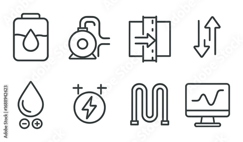 Collection of industrial icons: water, pump, arrows, energy, valve, graphs