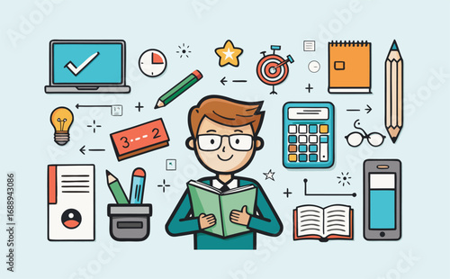 Artistic doodle sketch showing minimalist education tools like books, calculators, art palettes, rulers, rockets, and equations with playful school elements.