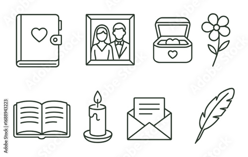 Romantic icons set with journal, portrait, gift box, flower, book, candle, letter, quill