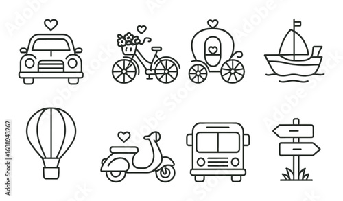 Romantic transportation icons: car, bicycle, carriage, boat, balloon, scooter, bus, signpost