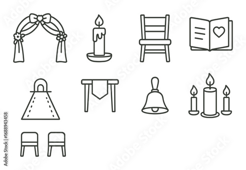 Wedding and celebration icons: candle, chair, book, arch, banner, bell