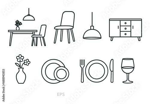 Silhouette icons of dining table, chair, cabinet, vase, tableware, and pendant light