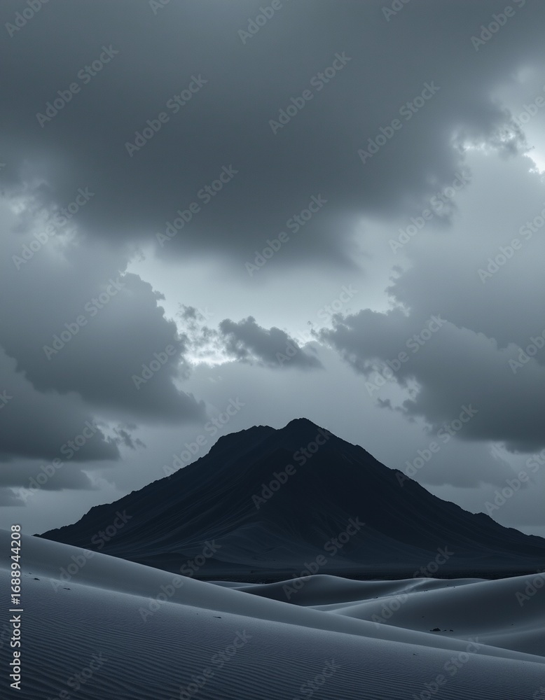Fototapeta premium Solitary Mountain Over Sand Dunes Under Stormy