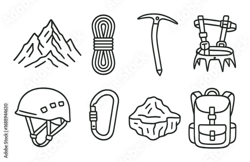 Outline icons of mountain climbing gear: helmet, rope, ice axe, crampons, backpack