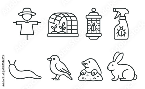 Garden pest control icons: scarecrow, insect repellent, trap, greenhouse, mole, bird, rabbit, slug