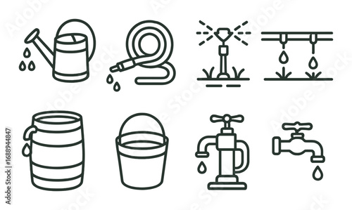 Garden watering icons: watering can, hose, sprinkler, drip irrigation, bucket, faucet