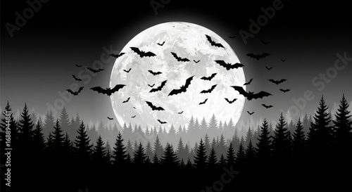 Eerie Halloween Night Full Moon Silhouette with Swarms of Flying Bats Over a Dark Misty Pine Forest Landscape Vector Illustration