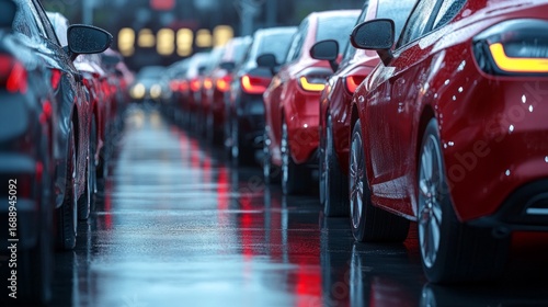 Wallpaper Mural Cars stuck in traffic on a wet road in the rain — urban congestion and transportation problems in bad weather, discussion of urban infrastructure and transportation issues. Torontodigital.ca