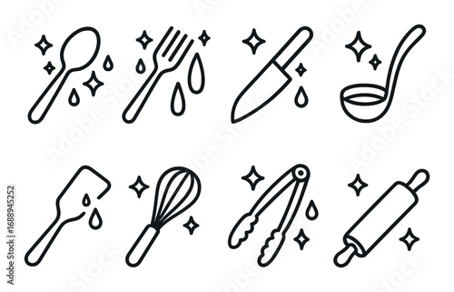 Minimalist kitchen utensils: spoon, fork, knife, ladle, spatula, whisk, tongs, rolling pin