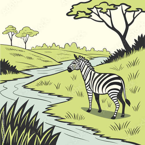 Zebra Standing on Grass Near Flowing River Vector Illustration