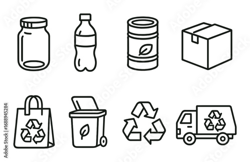 Recycling icons: glass jar, plastic bottle, barrel, cardboard box, tote bag, bin, symbol, truck