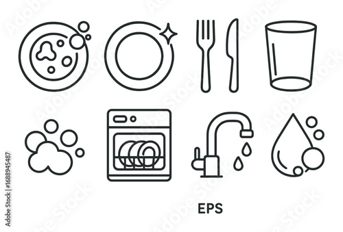Kitchen cleaning icons set: dishes, utensils, dishwasher, faucet, bubbles