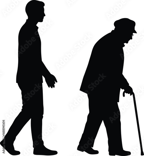 Silhouette of young man walking behind elderly man with cane, depicting care, support, aging, mobility assistance, compassion, and health concept.