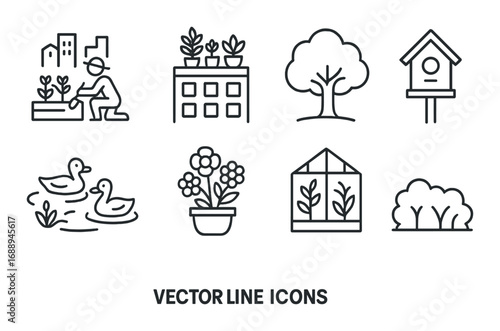 Gardening and nature icon set featuring plants, trees, ducks, and birdhouse designs