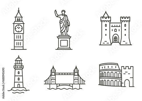 Iconic landmarks: big ben, statue, medieval castle, lighthouse, tower bridge, colosseum