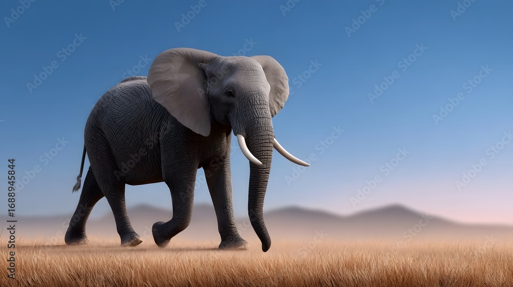 Obraz premium A solitary African elephant confidently strides through the vast, golden savanna landscape under a clear blue sky, showcasing the power and grace of this iconic wildlife species.