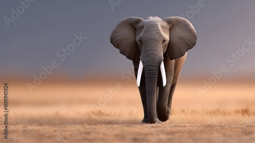 A solitary African elephant traversing the arid, golden grasslands of the savanna, surrounded by the tranquil expanse of the natural landscape.