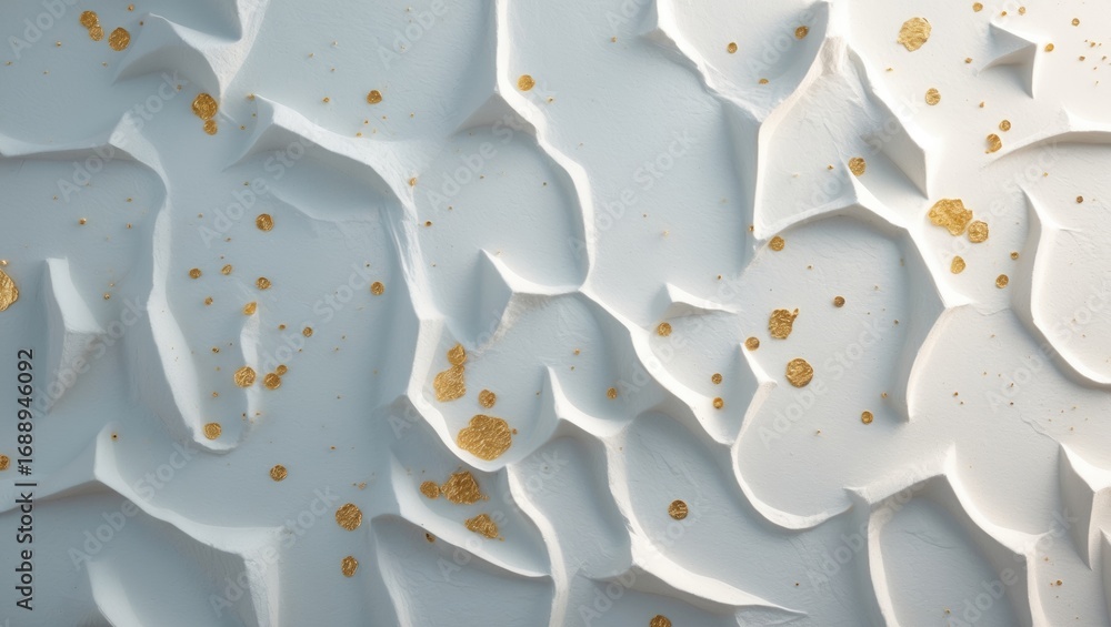 Fototapeta premium White textured surface with gold splashes and geometric patterns.