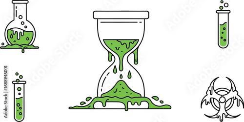 A collection of chemical and toxic waste illustrations isolated on a white background shows dangerous substances and the biohazard symbol.