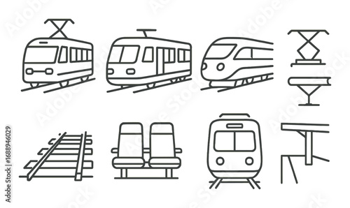 Set of train icons featuring various train types and railway elements