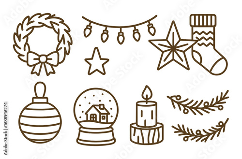 Hand-drawn christmas icon set: wreath, stocking, ornaments, candle, and snow globe