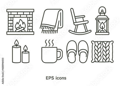 Cozy home icon set with fireplace, blanket, rocking chair, lantern, candles, mug, slippers, pillow