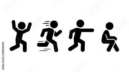 Four black stick figures Silhouette ,vector in minimalist style, one celebrating, one running with speed lines, one gesturing, one seated, on white background.