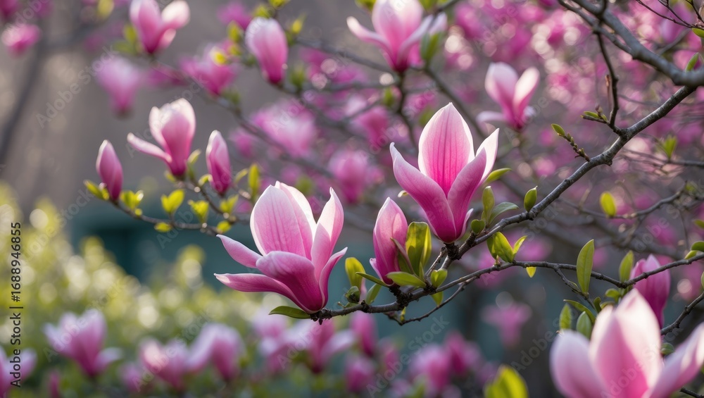 Obraz premium Magnolia flowers blooming on tree branches with pink petals. Springtime floral scene with vibrant colors. Nature and blooming flowers, spring season.