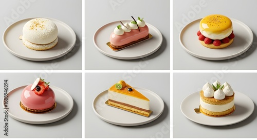 Collage of Six Elegant Desserts and Pastries on Plates