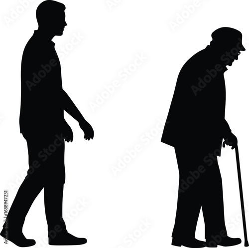 Silhouette of young man walking behind elderly man with cane, representing care, support, aging, health, compassion, and mobility assistance concept.