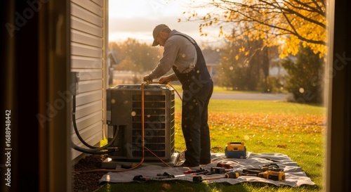 Man installing air conditioning unit outside house. HVAC technician working on climate control system. Home heating, ventilation, recuperation concept.