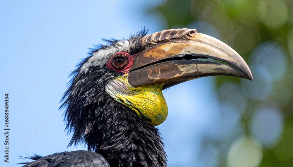 Obraz premium A hornbill with vibrant bill, perched tall with an intense stare