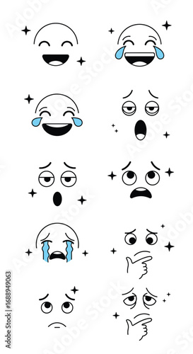 A collection of expressive cartoon faces depicting various emotions and reactions with sparkle accents