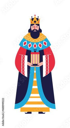 A wise king dressed in regal attire holding a gift box for a special occasion