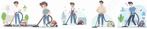 vector of a man cleaning the house with a vacuum cleaner
