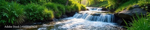 Crystal clear water cascading down a verdant hillside, sunlight illuminating the flowing stream and lush greenery A picturesque scene of natural beauty , stones, greenery