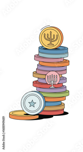 Stack of colorful coins featuring various symbols representing wealth and fortune accumulation
