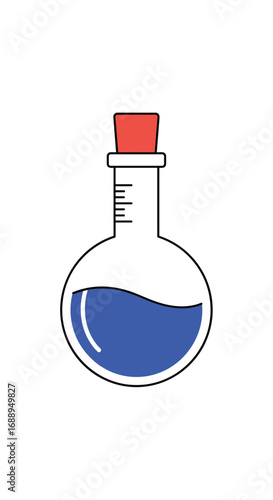 Round bottom laboratory flask containing blue liquid with a red stopper and measurement markings