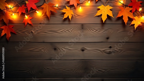 Autumn leaves and warm lights on rustic wood background
