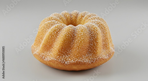 Golden Gugelhupf Cake Dusted with Powdered Sugar on a Light Background