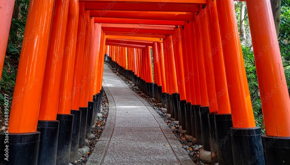 Fototapeta premium A pathway lined with vibrant orange torii gates extends into the distance, creating a tunnel-like effect.