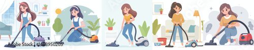 vector of a woman cleaning the house with a vacuum cleaner
