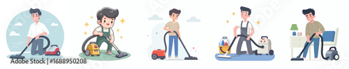 vector of a man cleaning the house with a vacuum cleaner