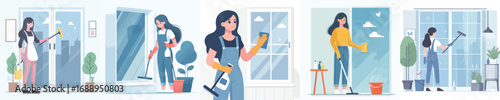 vector of a woman cleaning a window glass