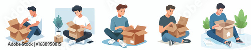 vector of a man opening a cardboard box