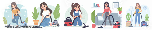 vector of a woman cleaning the house with a vacuum cleaner