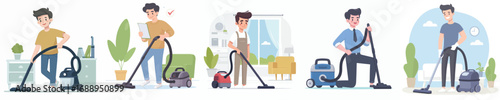 vector of a man cleaning the house with a vacuum cleaner