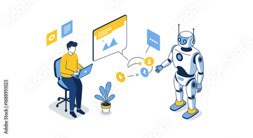 Futuristic collaboration between human and robot in a digital workspace